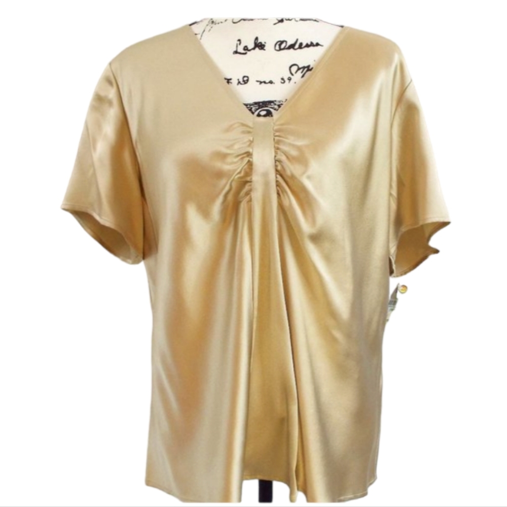 NWT Talbots Pure 100% Silk Beige Vneck Short Sleeve w/ Gathered Detail Sz 18WP